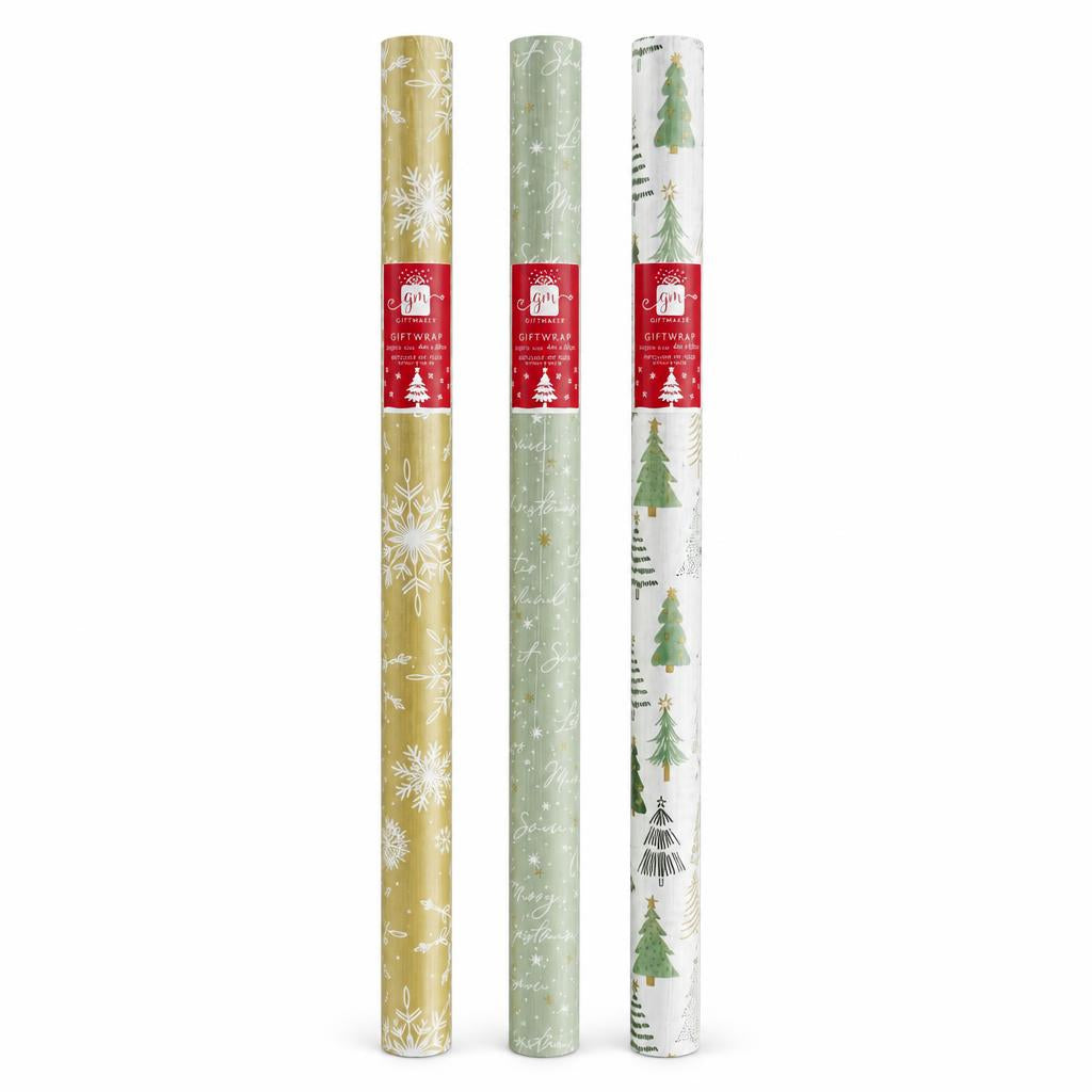 Three rolls of festive Christmas gift wrap in different colours with patterns