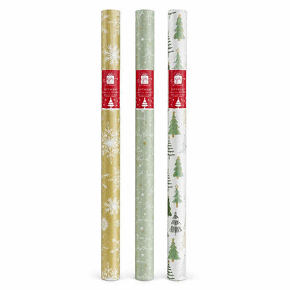 Three rolls of festive Christmas gift wrap in different colours with patterns