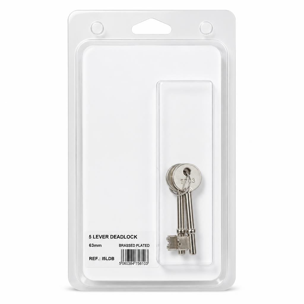 Iron Works Deadlock 5 Lever Brassed Keys and Back Packaging