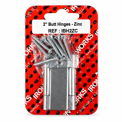 Ironworks 2 inch Zinc Butt Hinges packaging with screws