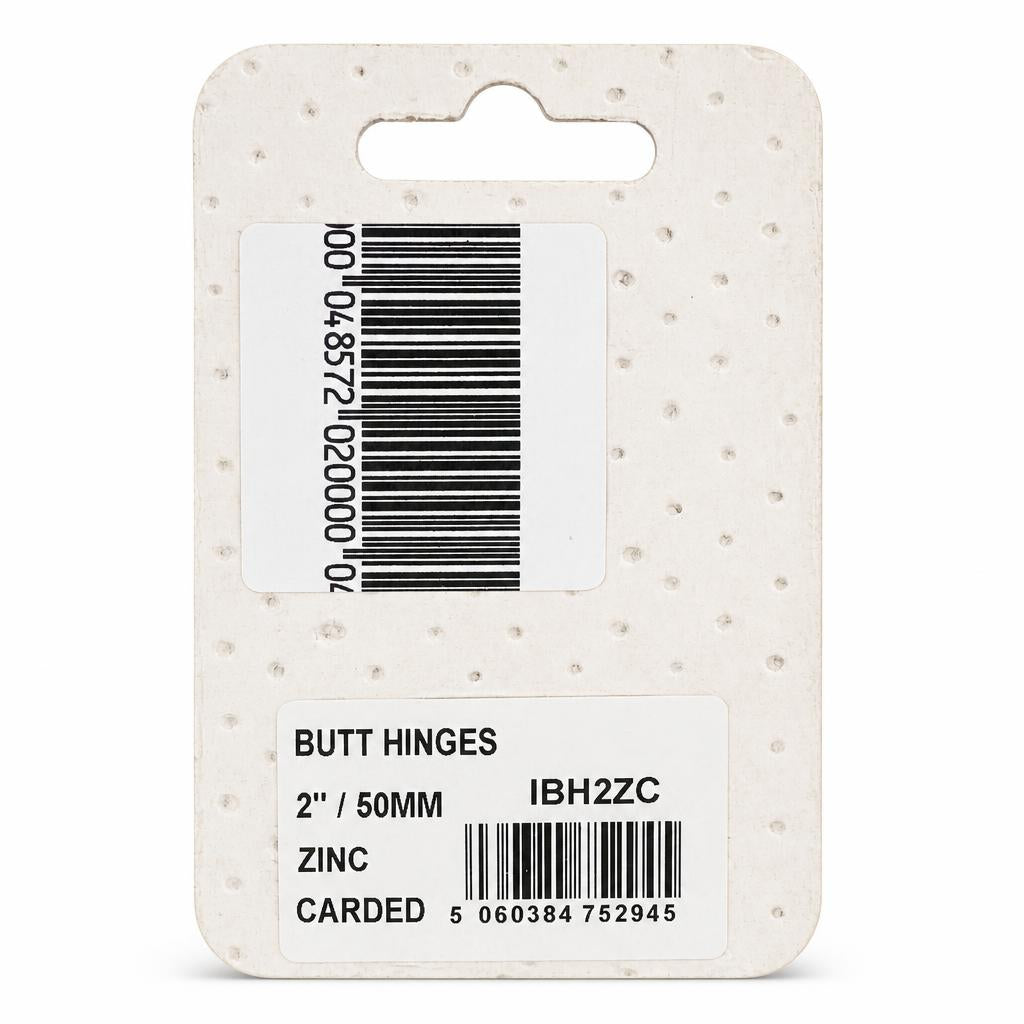 Back packaging of Ironworks 2 inch Zinc Butt Hinges showing barcode and specifications