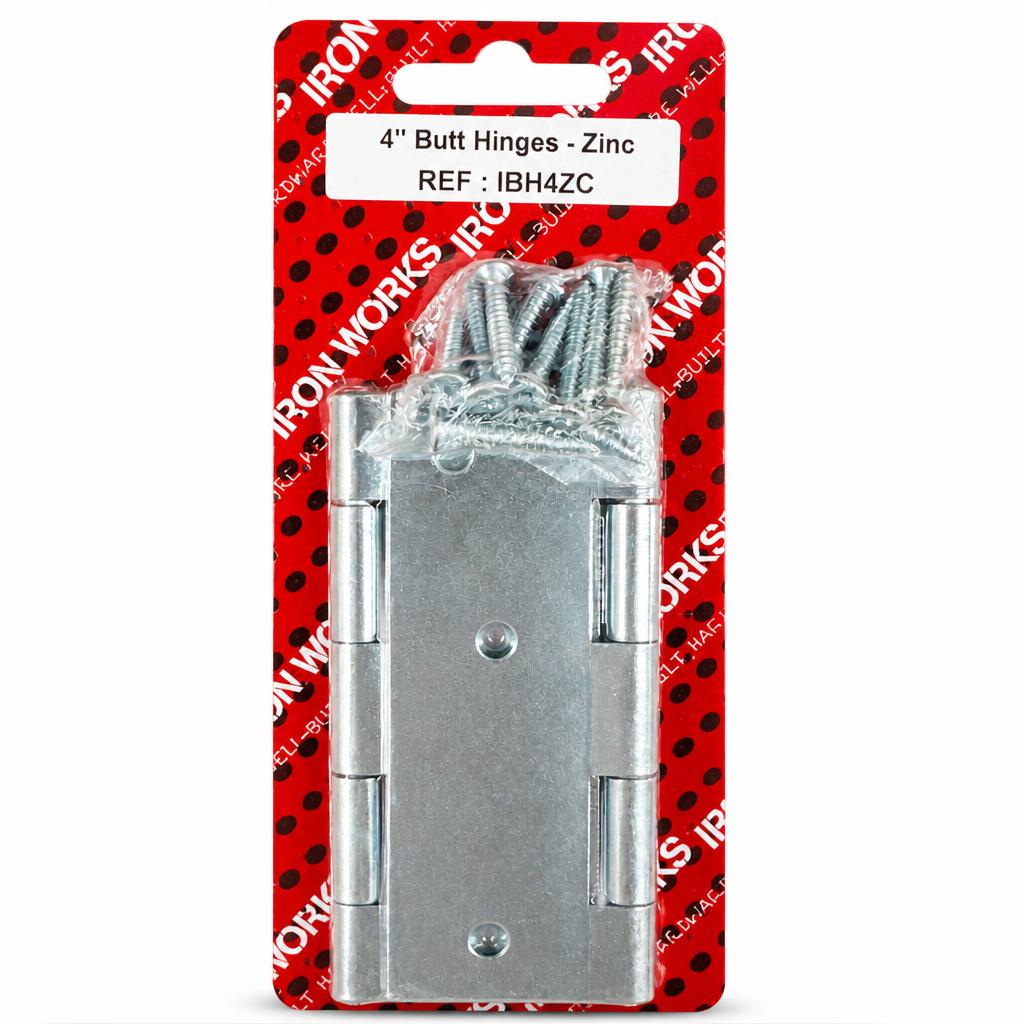Ironworks 4 inch zinc butt hinges in packaging with screws