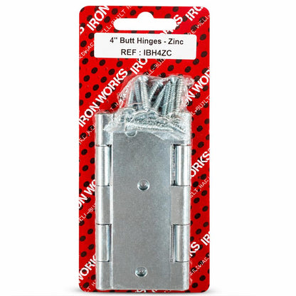 Ironworks 4 inch zinc butt hinges in packaging with screws