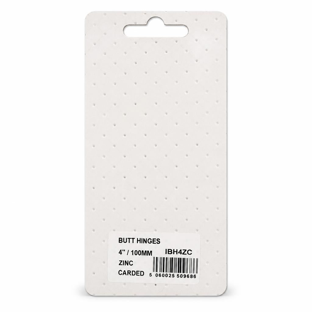Back of Ironworks 4 inch zinc butt hinges packaging with barcode