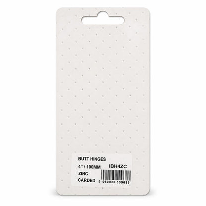 Back of Ironworks 4 inch zinc butt hinges packaging with barcode