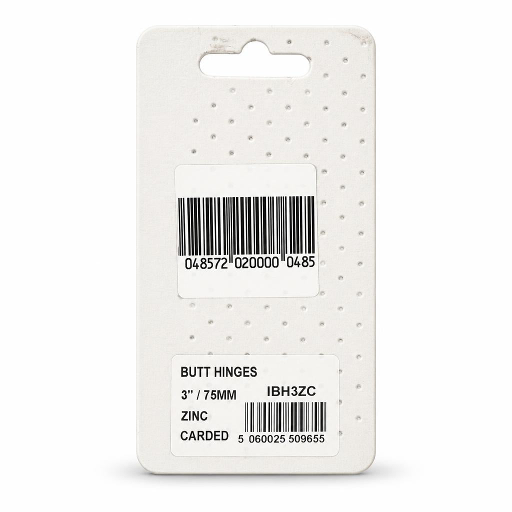 Ironworks 3-inch Zinc Butt Hinges back packaging with barcode