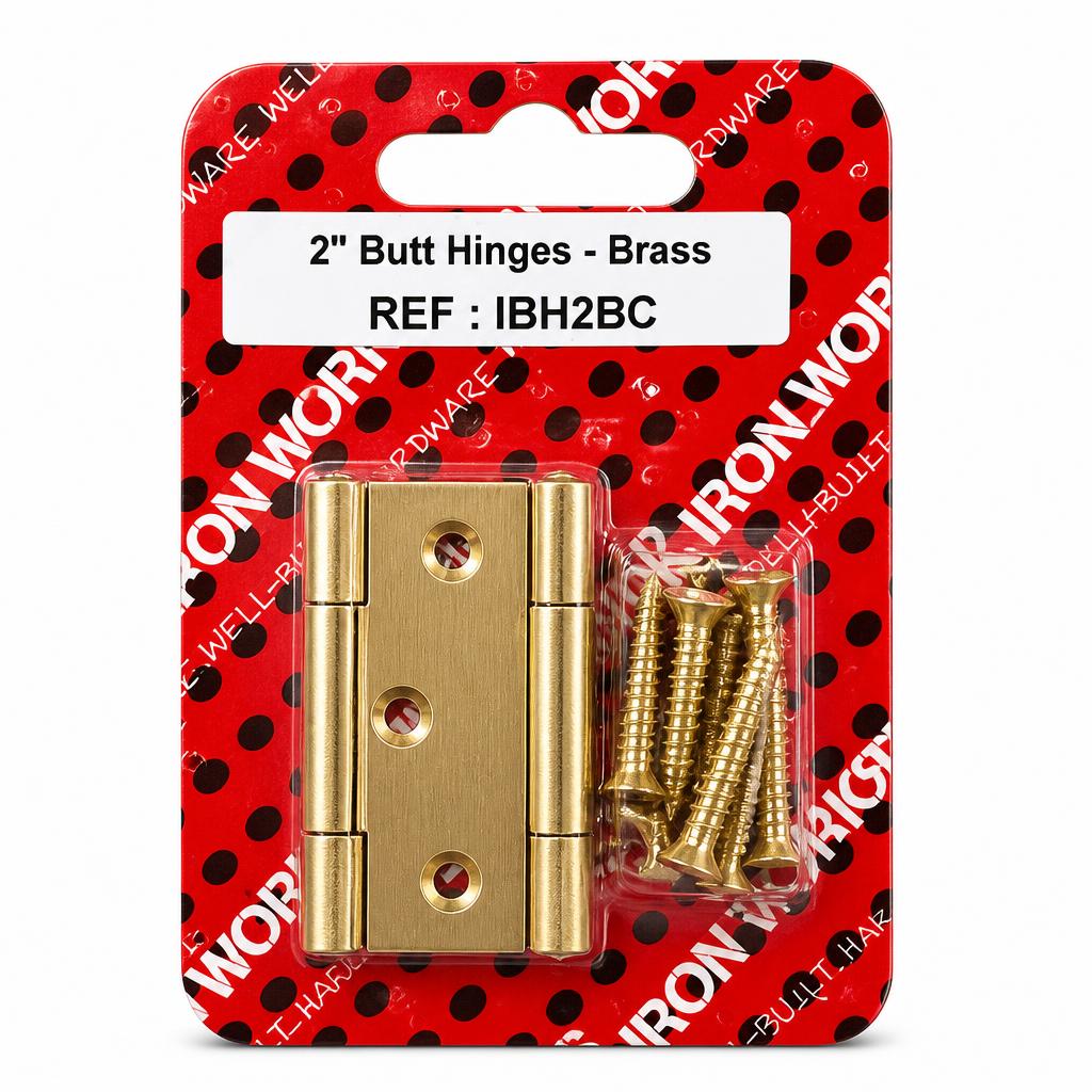 Front packaging of Iron Works 2 inch brass butt hinges