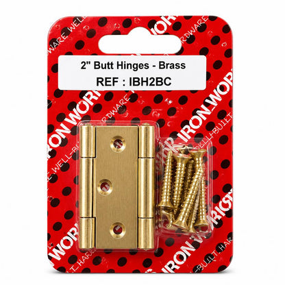 Front packaging of Iron Works 2 inch brass butt hinges