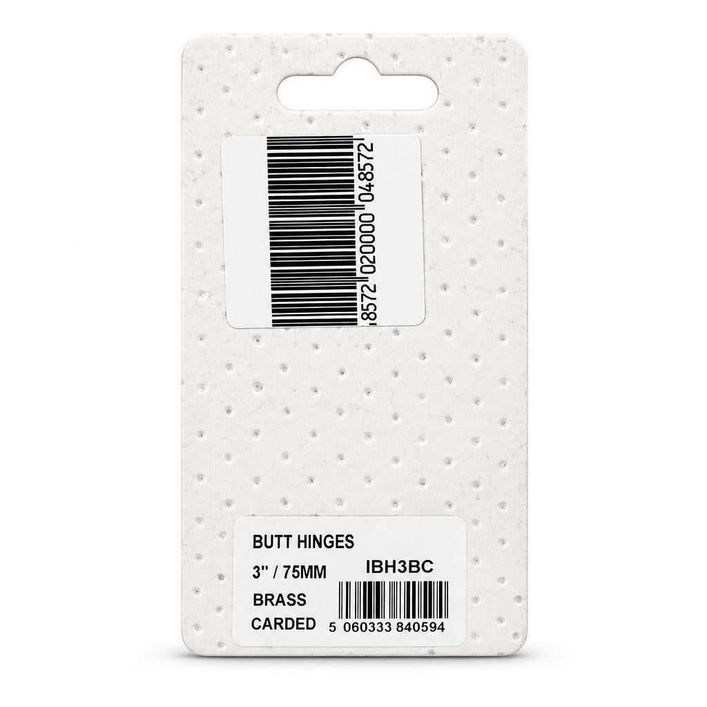 Back of Ironmongery Butt Hinges packaging showing barcode