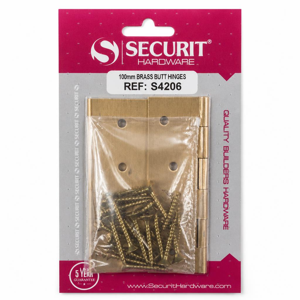 Securit 100mm Brass Butt Hinges packaging front view