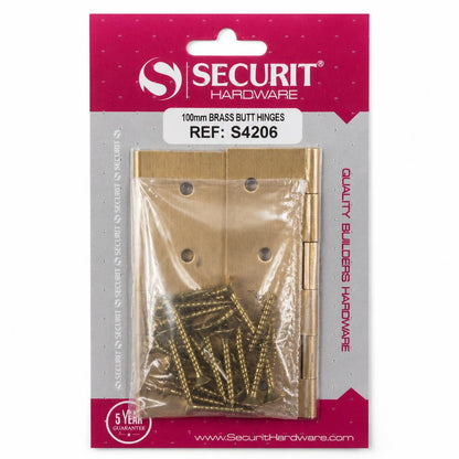 Securit 100mm Brass Butt Hinges packaging front view