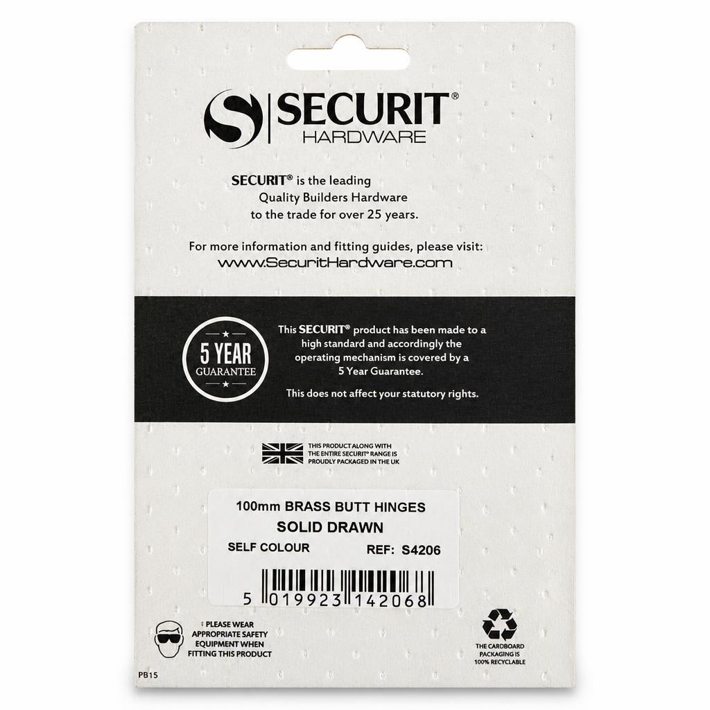 Securit 100mm Brass Butt Hinges packaging back view