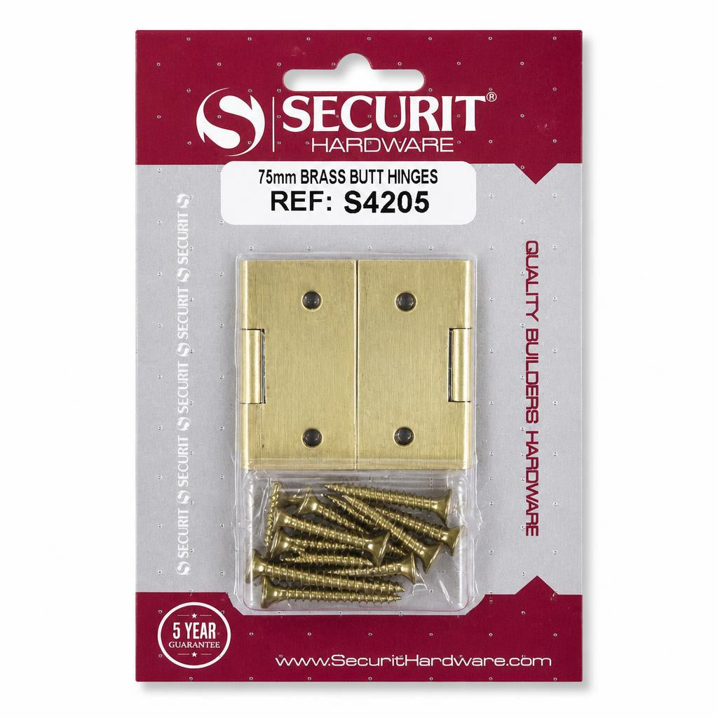 Securit 75mm Brass Butt Hinges front packaging