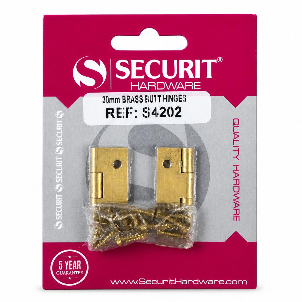 Front view of Securit Brass 38mm Butt Hinges package with screws