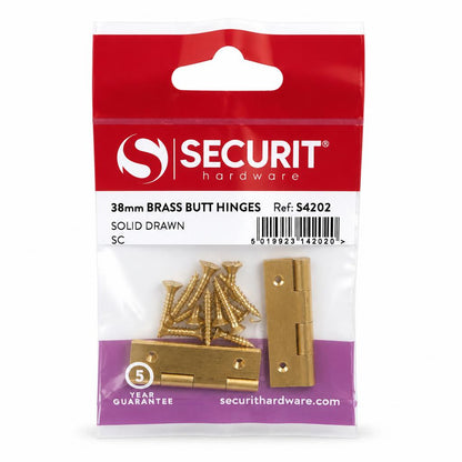 Back view of Securit Brass 38mm Butt Hinges package showing barcode and details