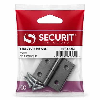 Securit Steel Butt Hinges with screws visible through packaging.