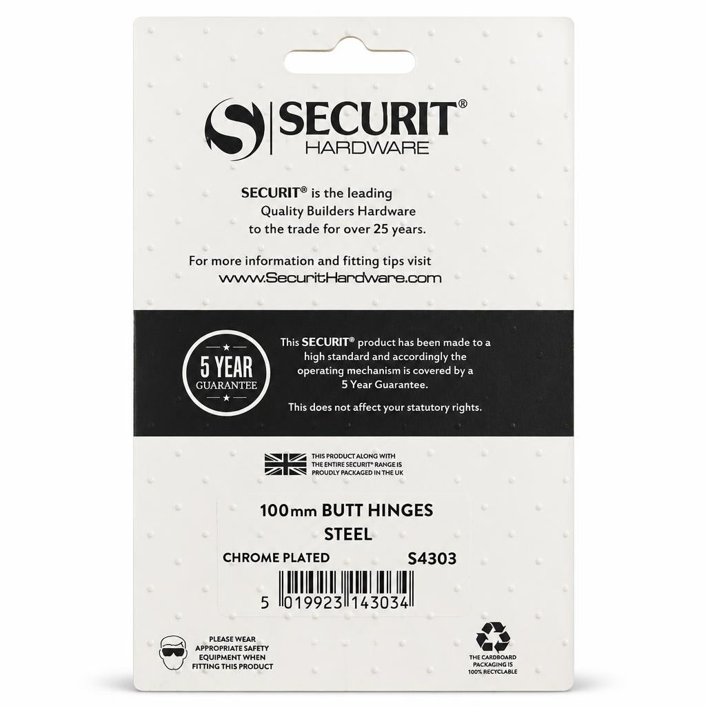 Securit Hardware 100mm Butt Hinges packaging back view