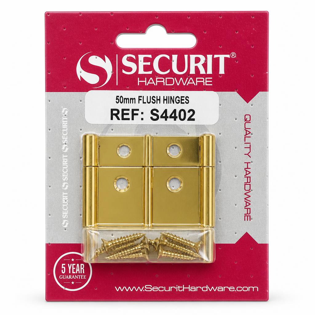 Securit 50mm Flush Hinges packaging with screws