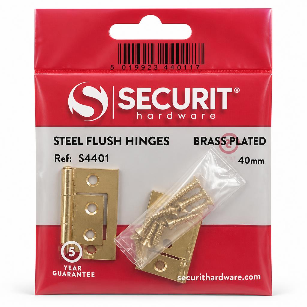 Securit Steel Flush Hinges with screws in package