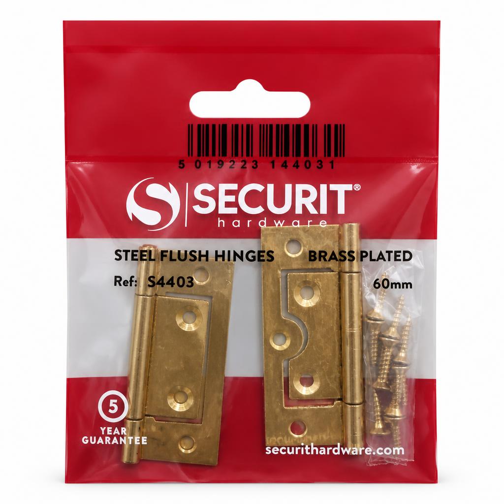 Securit brass plated steel flush hinges with screws