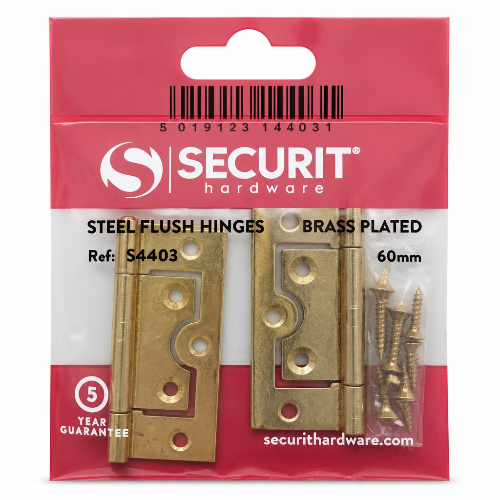 Close-up of Securit steel flush hinges packaging