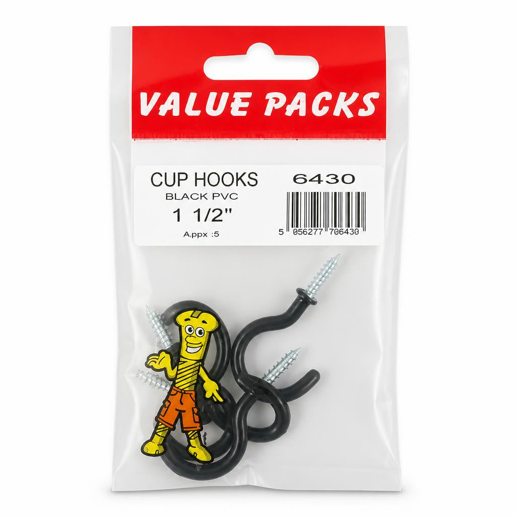 Black PVC cup hooks in packaging