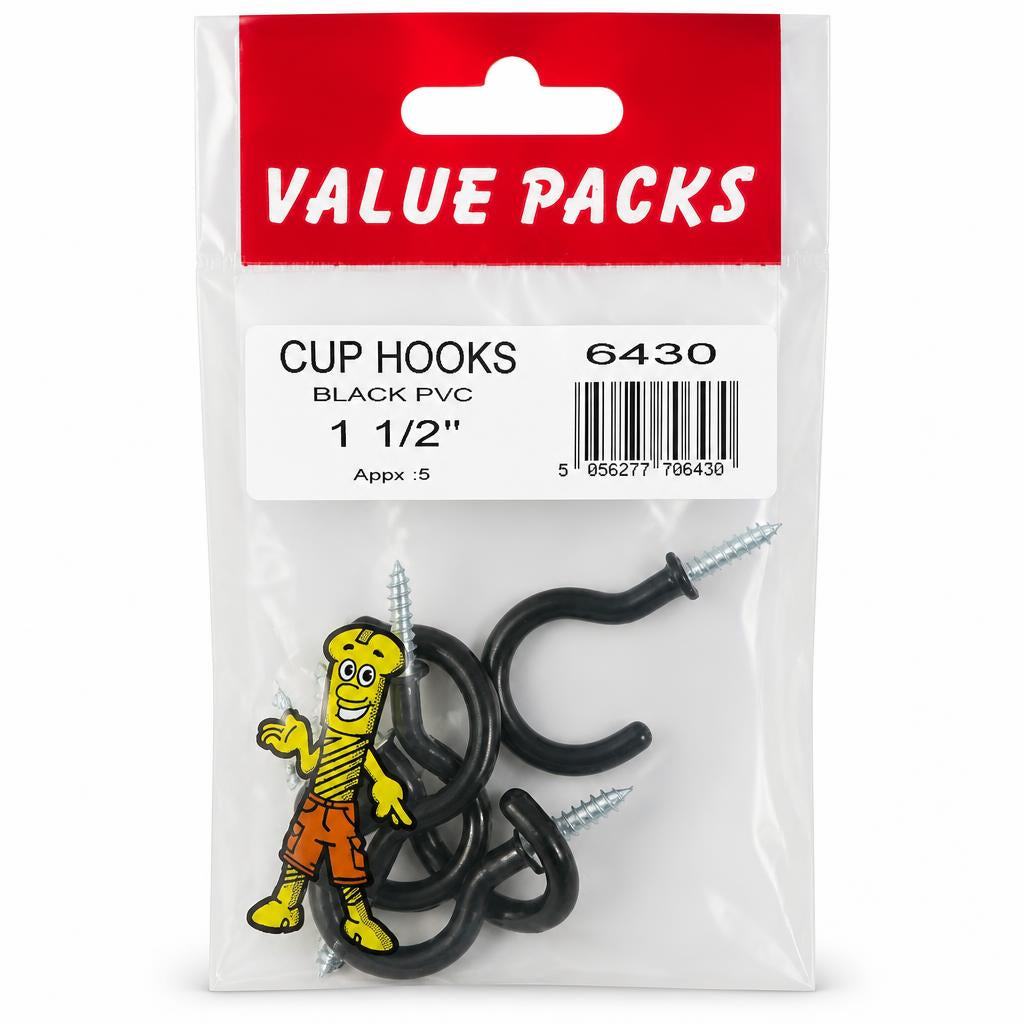 Black PVC cup hooks in packaging back view