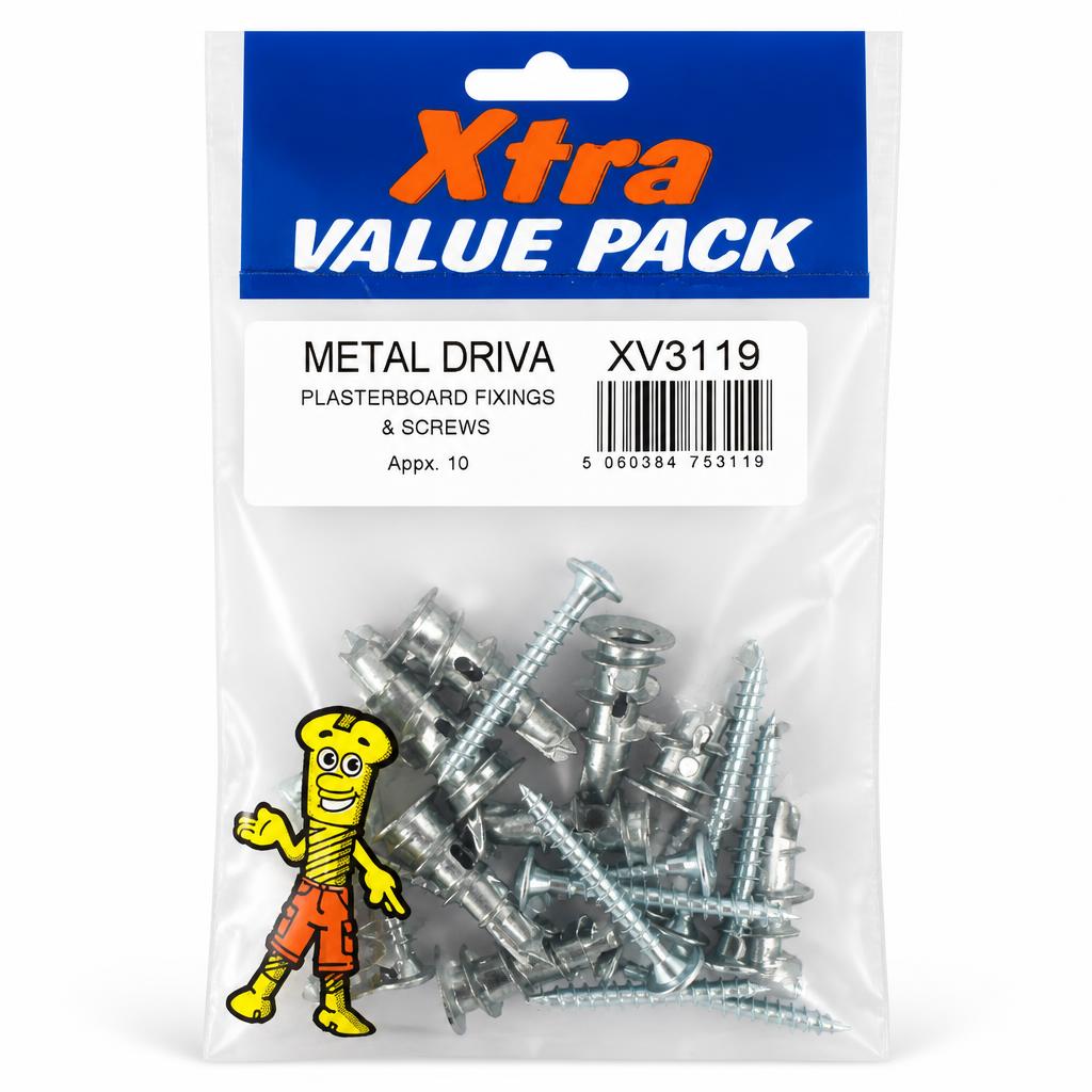 Back view of Xtra Metal Driva plasterboard fixings and screws packaging