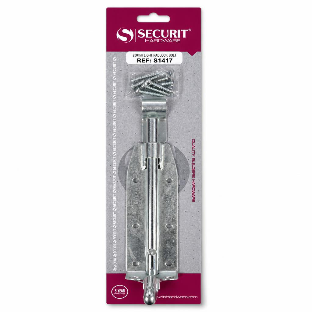 Front view of Securit 200mm Light Padlock Bolt packaging
