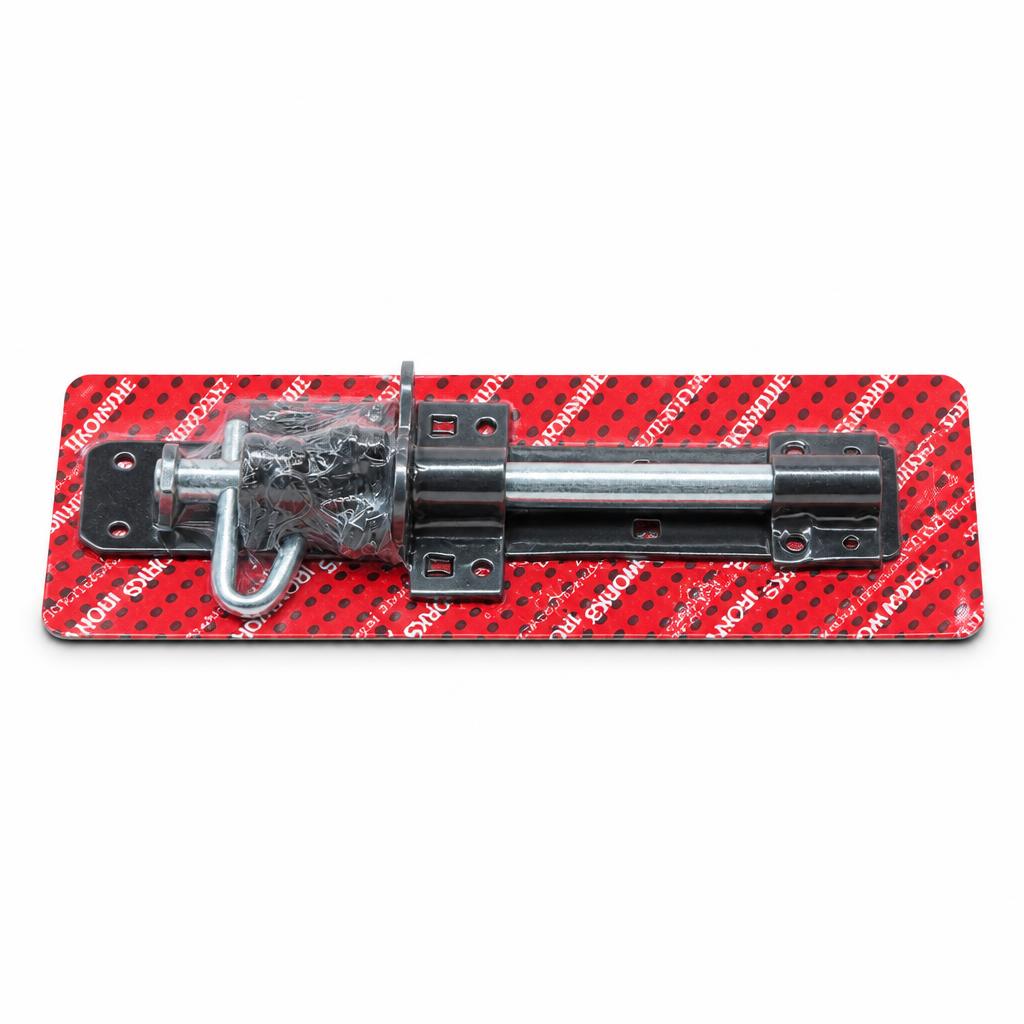 Side view of Ironworks 8-inch black pad bolt on packaging