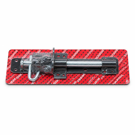 Side view of Ironworks 8-inch black pad bolt on packaging