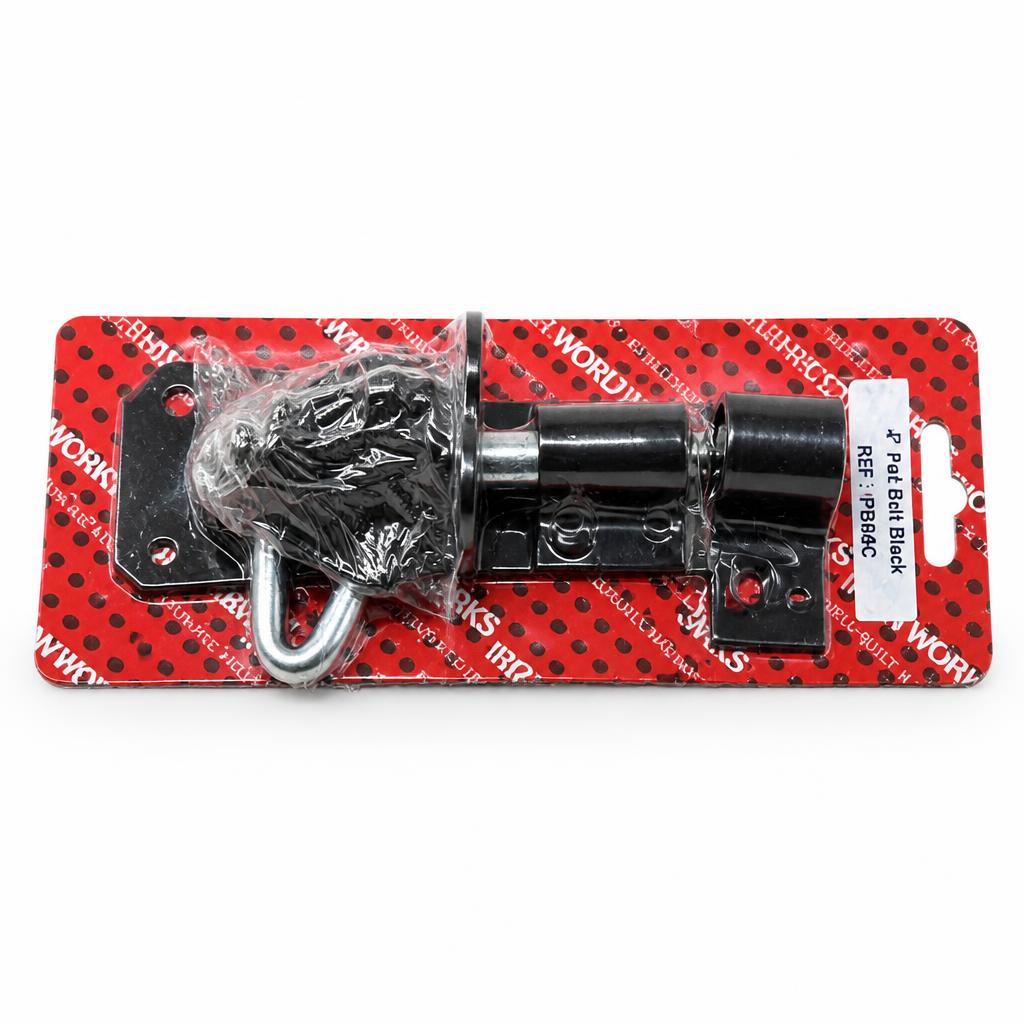 Side view of Ironworks 4" Pad Bolt Black IPB4BC packaging