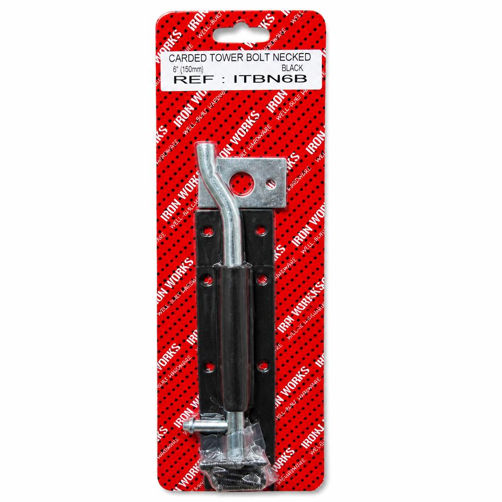 Iron Works carded tower bolt necked black in packaging