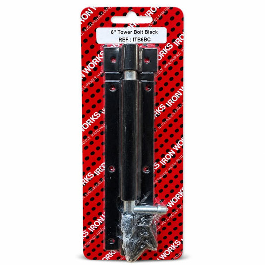 Ironworks 6" Tower Bolt Black on packaging