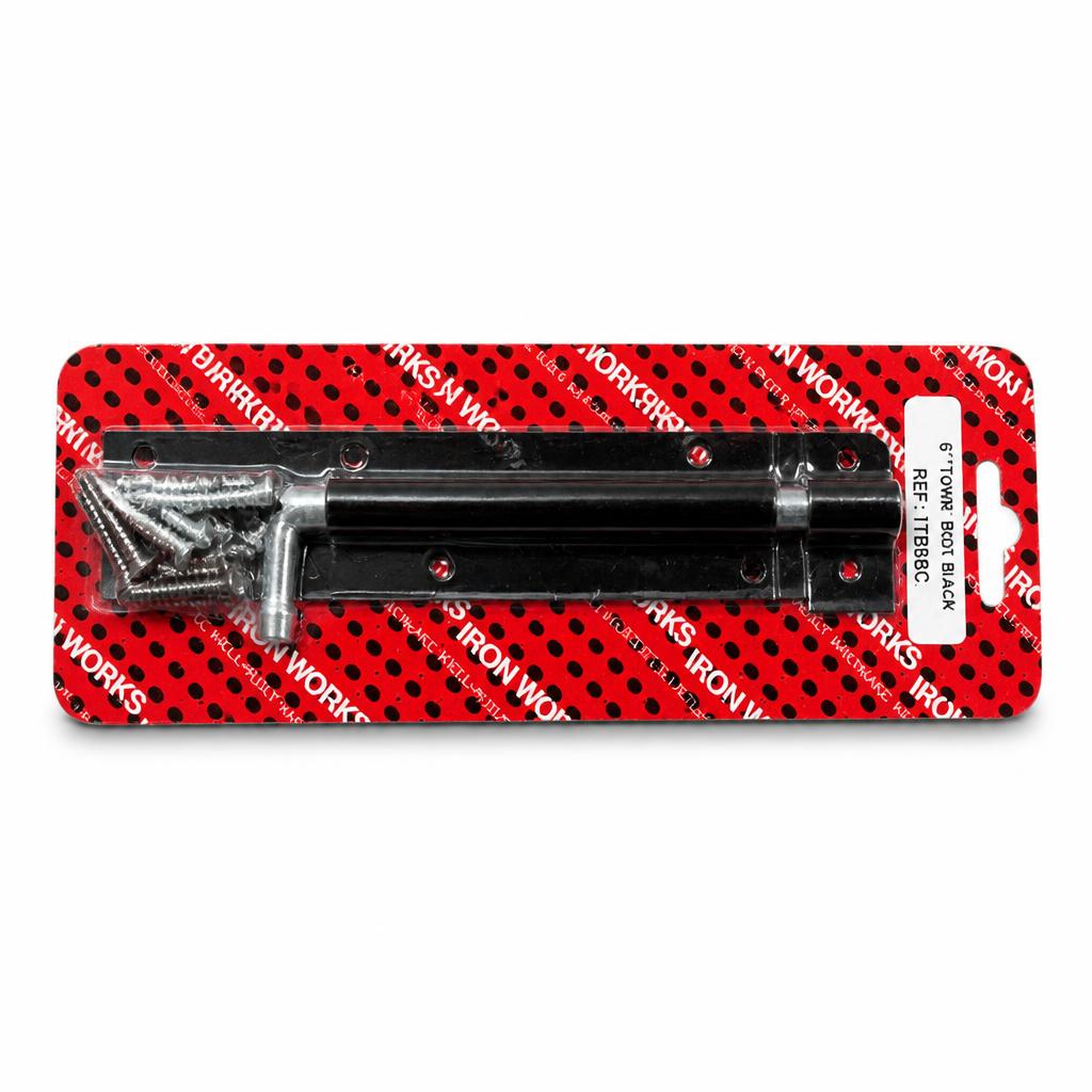 Ironworks 6" Tower Bolt Black side view on packaging