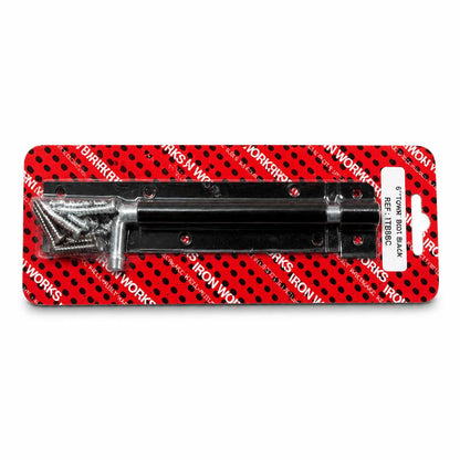 Ironworks 6" Tower Bolt Black side view on packaging