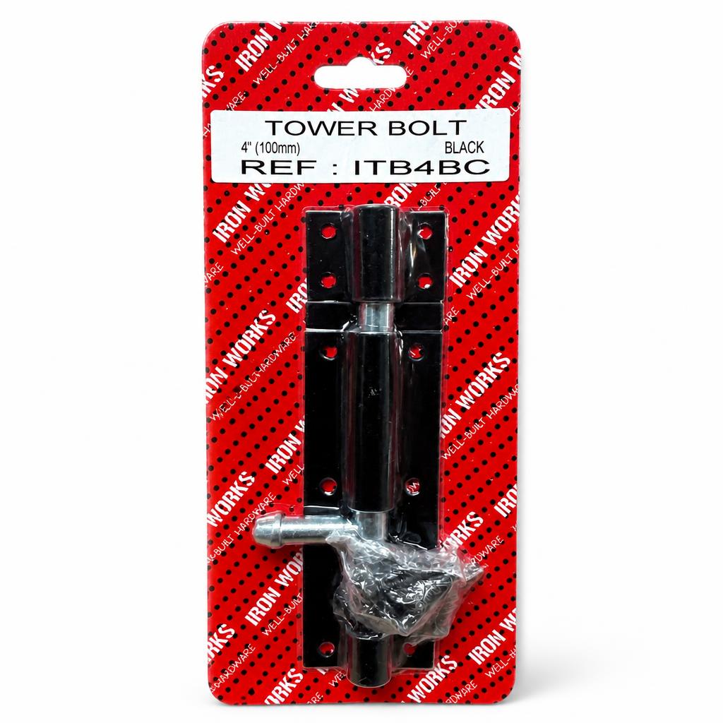 Packaging of Iron Works Tower Bolt 4" Black with visible branding and size