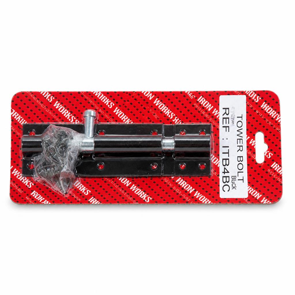 Side view of Iron Works Tower Bolt 4" Black packaging on cardboard