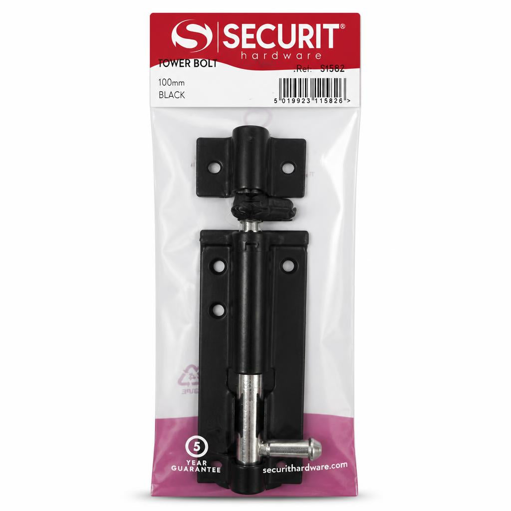 Close-up of Securit Hardware Black Tower Bolt