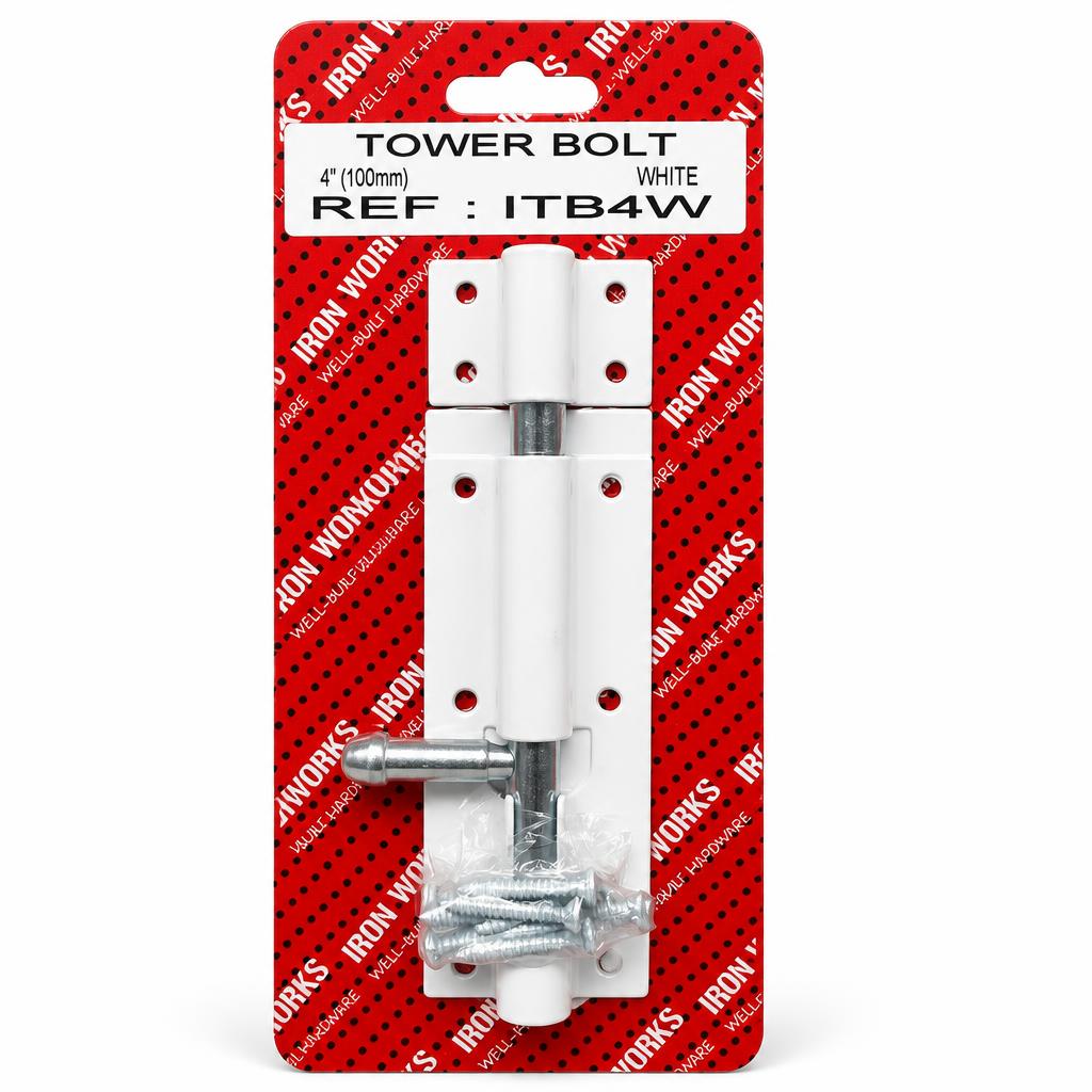 Iron Works Tower Bolt 4-inch White packaging front