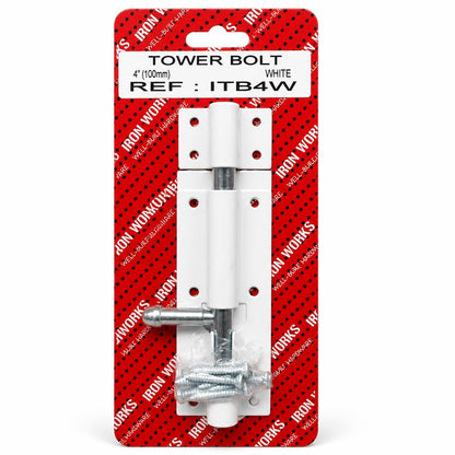 Iron Works Tower Bolt 4-inch White packaging front