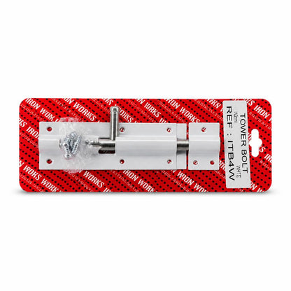 Iron Works Tower Bolt 4-inch White packaging side view