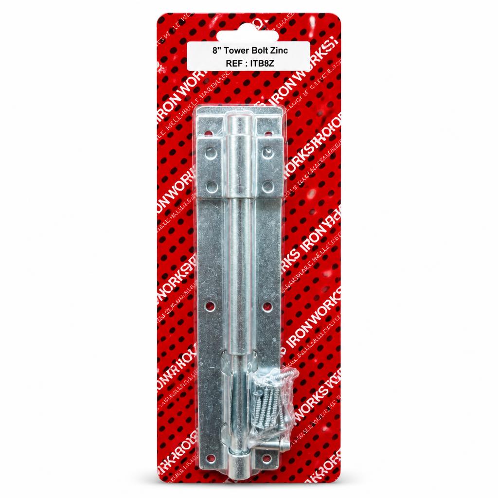 Ironworks 8-inch tower bolt in packaging