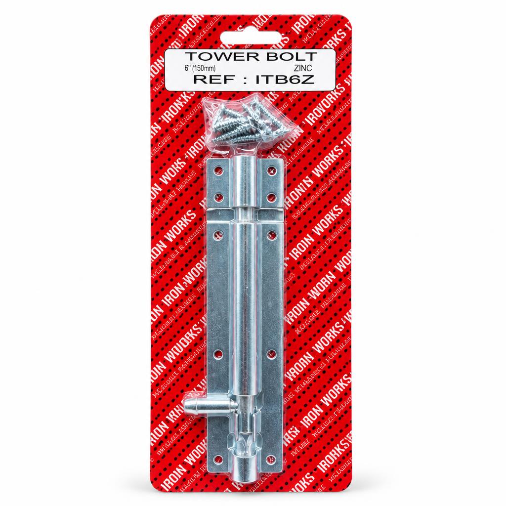 Front view of Iron Works 6 inch zinc tower bolt packaging