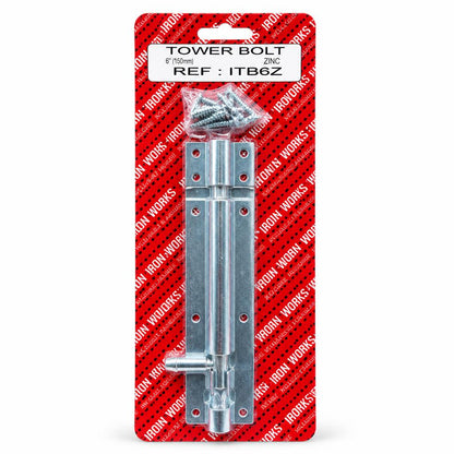 Front view of Iron Works 6 inch zinc tower bolt packaging