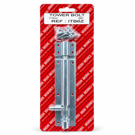 Front view of Iron Works 6 inch zinc tower bolt packaging