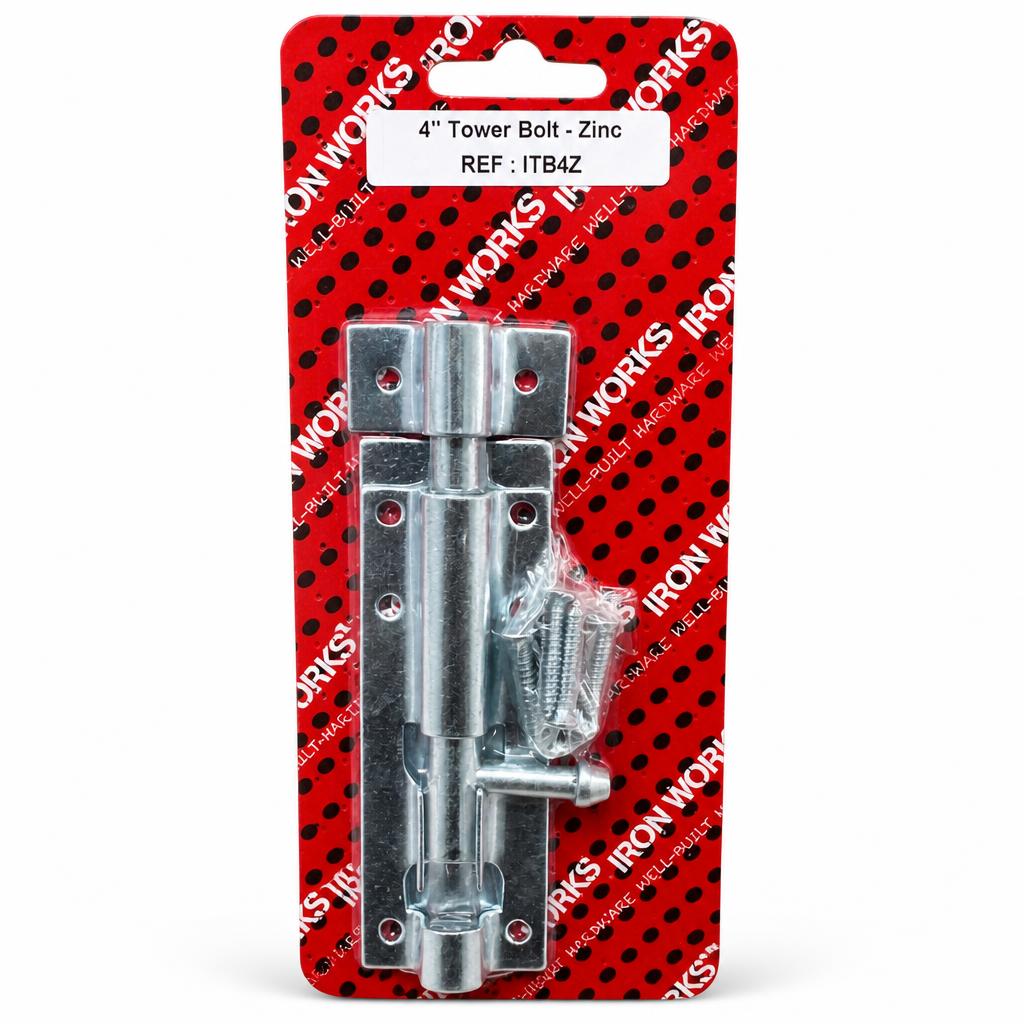 Iron Works 4 inch Zinc Tower Bolt packaging