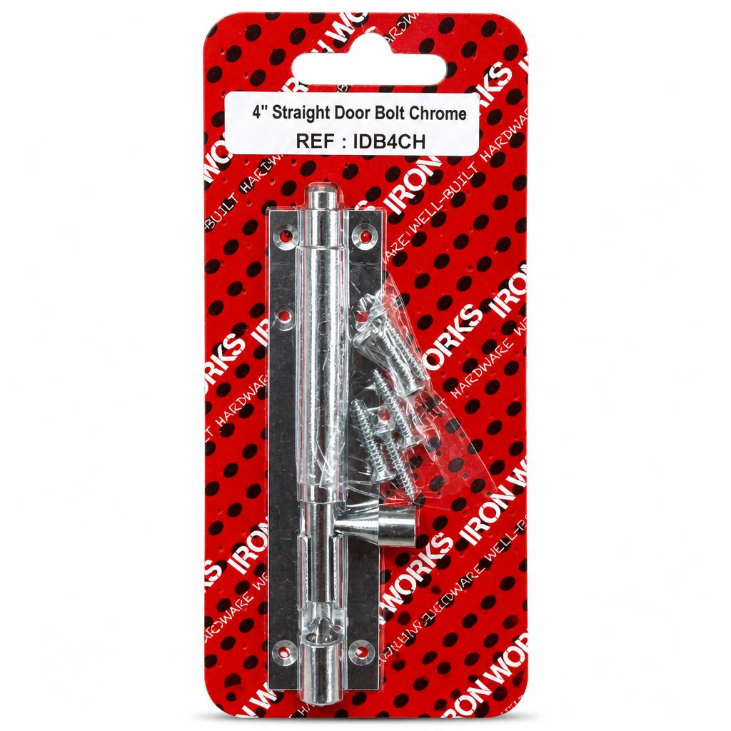 Ironworks 4-Inch Straight Door Bolt Chrome packaging front