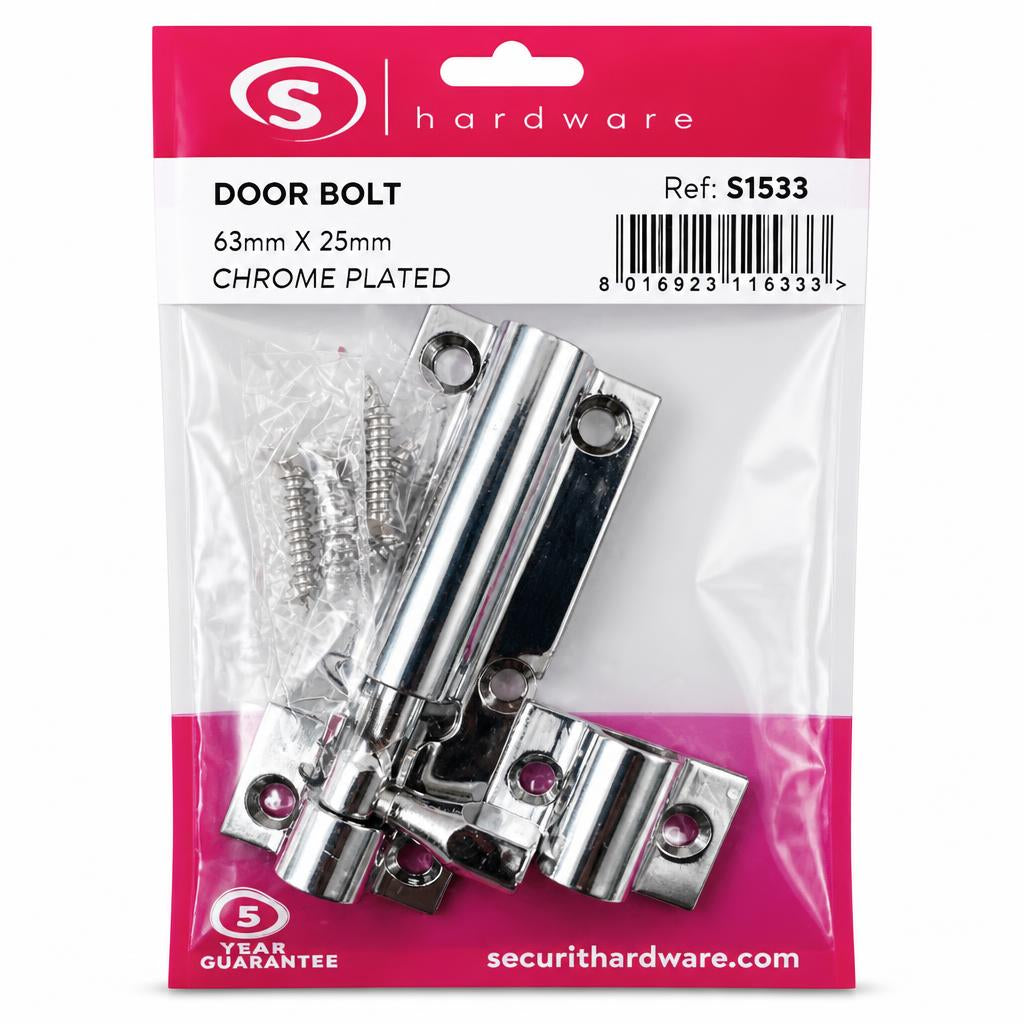 Securit Chrome Door Bolt close-up packaging view