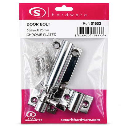 Securit Chrome Door Bolt close-up packaging view